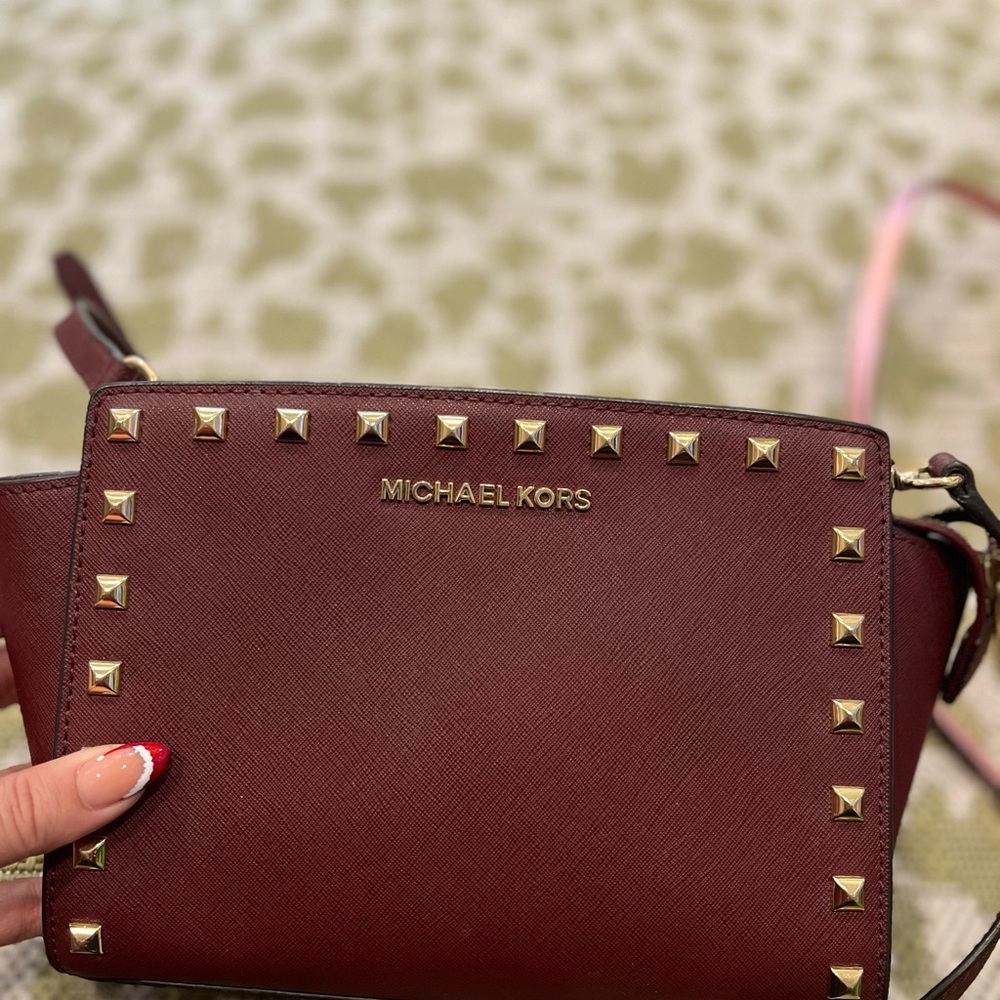 Michael Kors Burgundy Crossbody Bag with Gold Studs